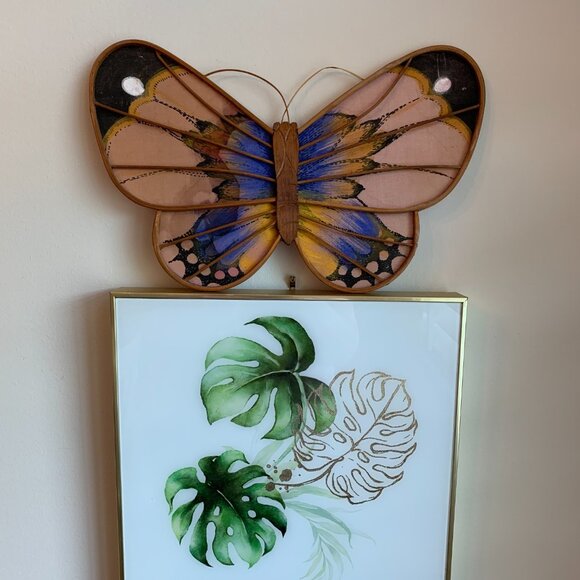 Vintage Boho Hand Painted Fabric Bamboo Butterfly Wall Hangings Set of 2 - Picture 6 of 6